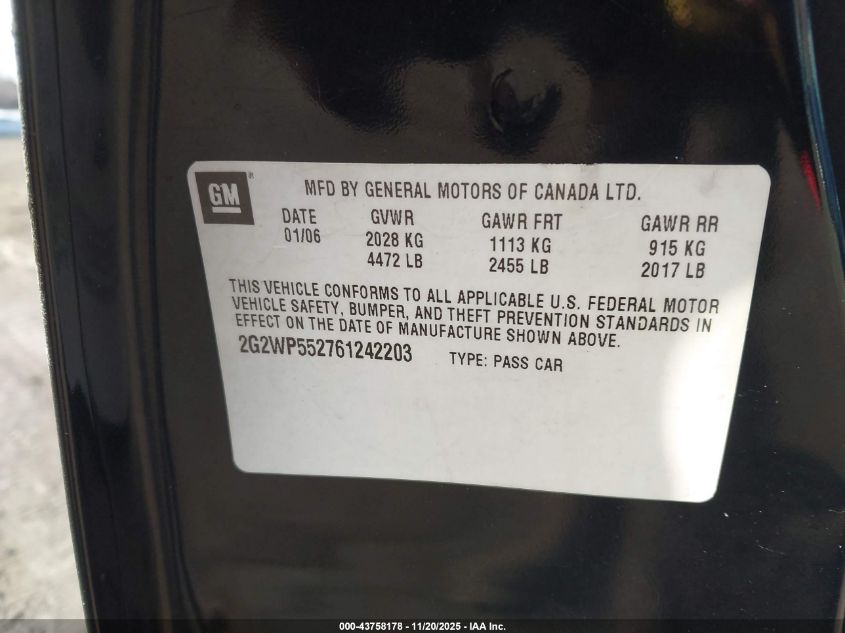 2006 Pontiac Grand Prix VIN: 2G2WP552761242203 Lot: 43758178