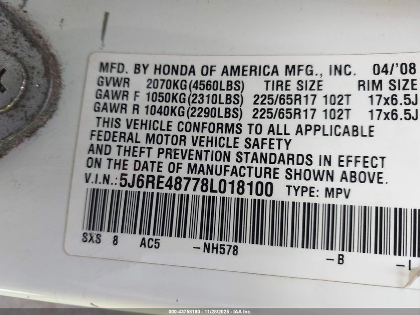 2008 Honda Cr-V Ex-L VIN: 5J6RE48778L018100 Lot: 43758180