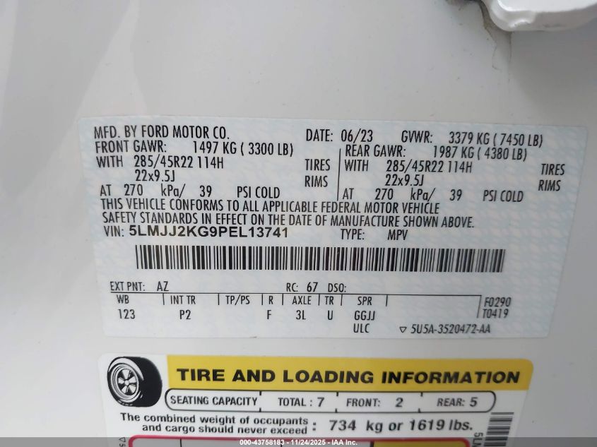 2023 Lincoln Navigator Reserve VIN: 5LMJJ2KG9PEL13741 Lot: 43758183