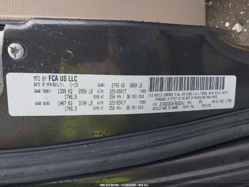 2015 Dodge Grand Caravan American Value Pkg VIN: 2C4RDGBG4FR682541 Lot: 43758188