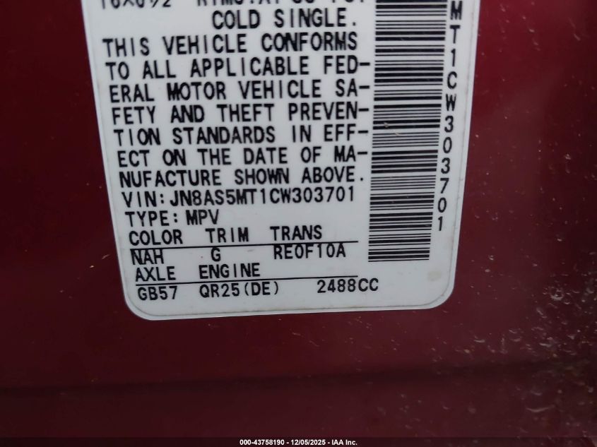 2012 Nissan Rogue S VIN: JN8AS5MT1CW303701 Lot: 43758190