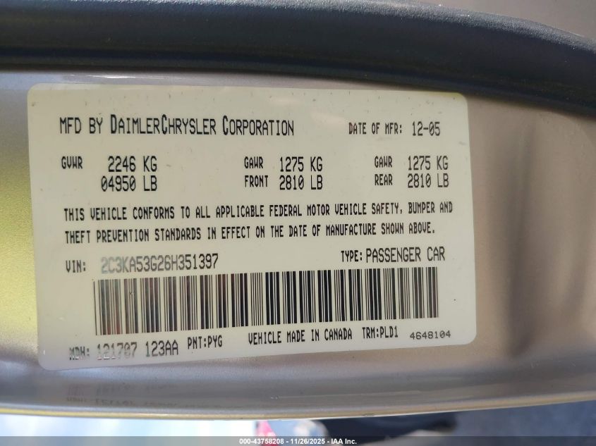 2006 Chrysler 300 Touring VIN: 2C3KA53G26H351397 Lot: 43758208