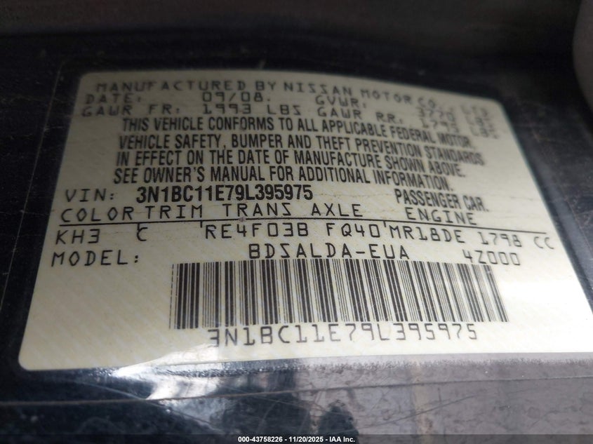 2009 Nissan Versa 1.8S VIN: 3N1BC11E79L395975 Lot: 43758226
