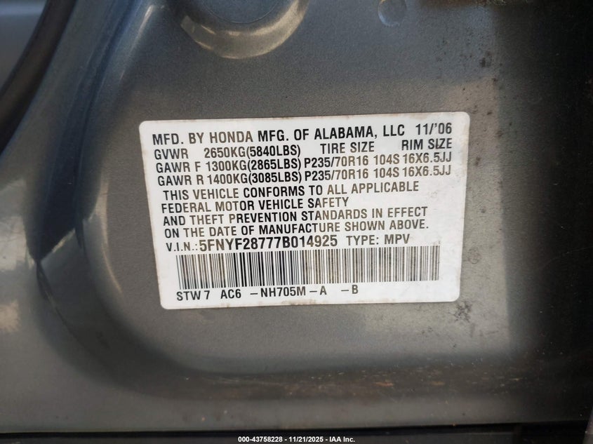 2007 Honda Pilot Ex-L VIN: 5FNYF28777B014925 Lot: 43758228