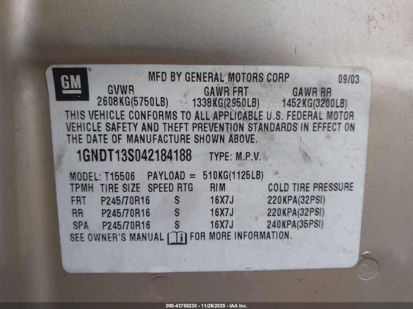 2004 Chevrolet Trailblazer Ls VIN: 1GNDT13S042184188 Lot: 43758230