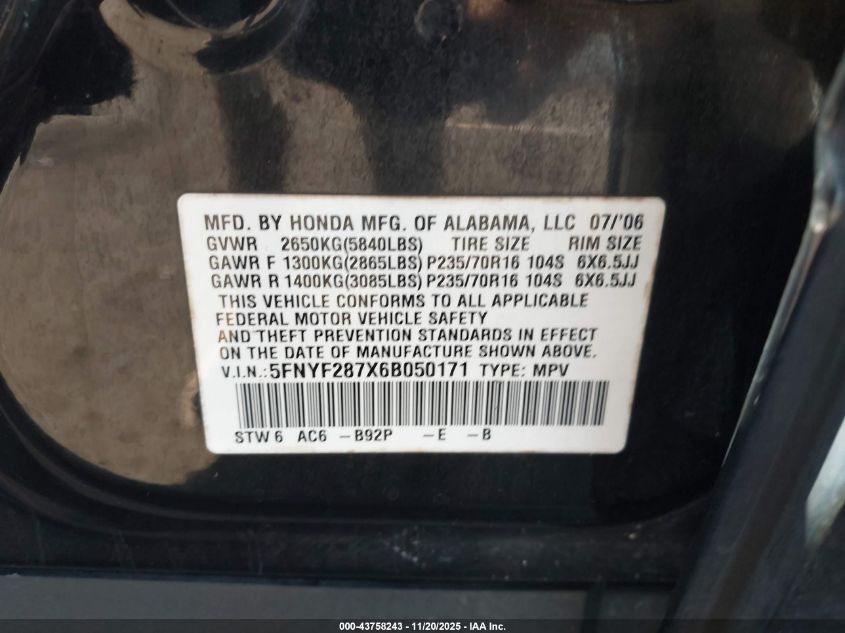 2006 Honda Pilot Ex-L VIN: 5FNYF287X6B050171 Lot: 43758243