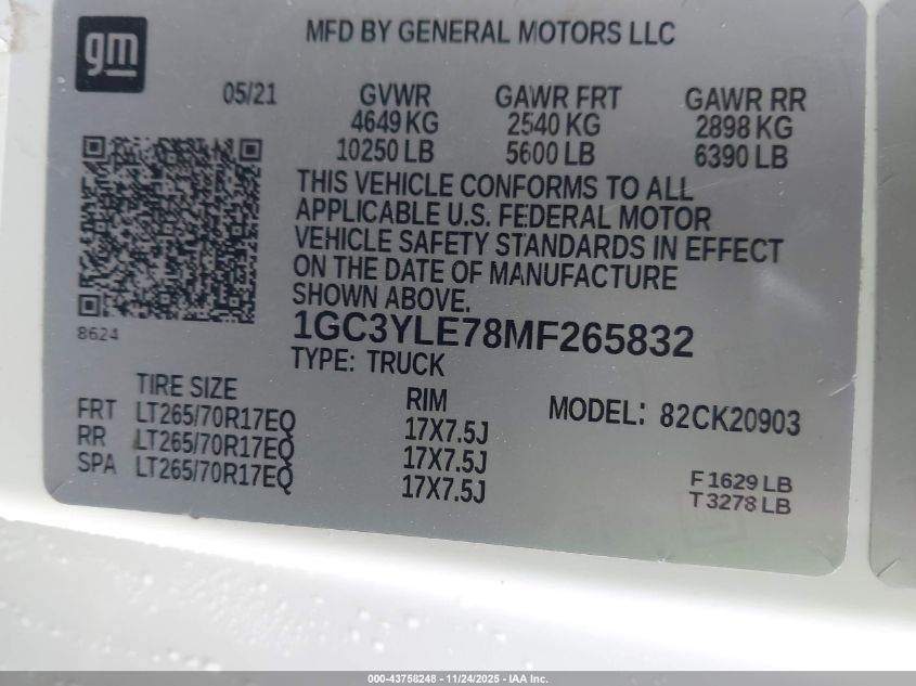 2021 Chevrolet Silverado 2500Hd 4Wd Long Bed Wt VIN: 1GC3YLE78MF265832 Lot: 43758248