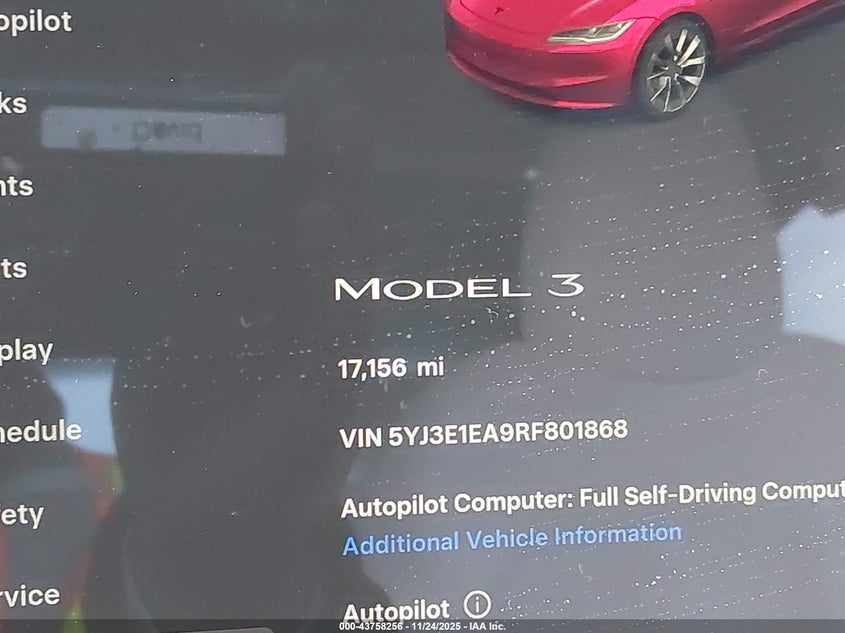 2024 Tesla Model 3 Long Range Dual Motor All-Wheel Drive/Rear-Wheel Drive VIN: 5YJ3E1EA9RF801868 Lot: 43758256