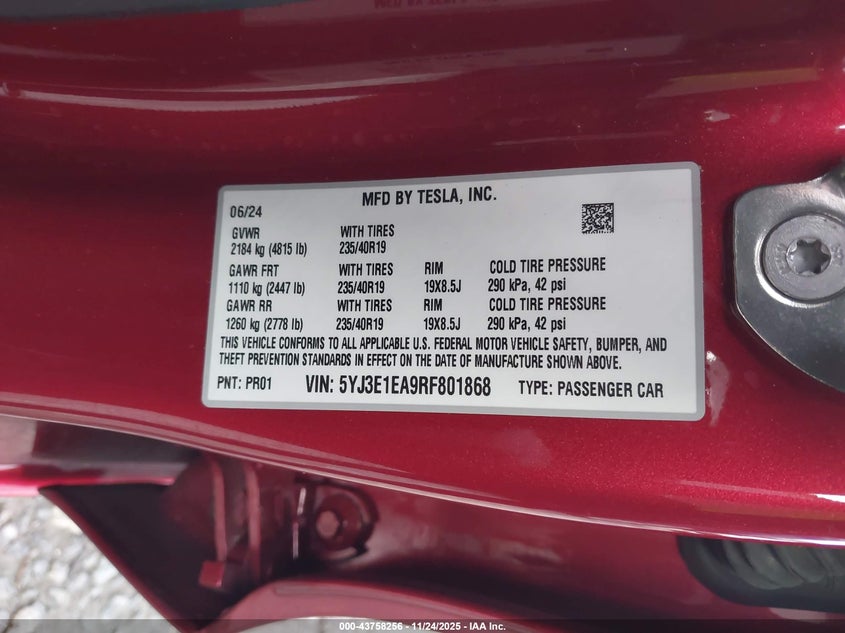 2024 Tesla Model 3 Long Range Dual Motor All-Wheel Drive/Rear-Wheel Drive VIN: 5YJ3E1EA9RF801868 Lot: 43758256