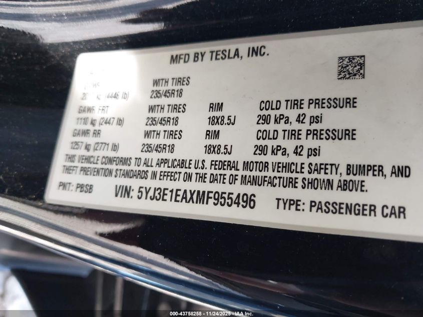 2021 Tesla Model 3 Standard Range Plus Rear-Wheel Drive VIN: 5YJ3E1EAXMF955496 Lot: 43758258