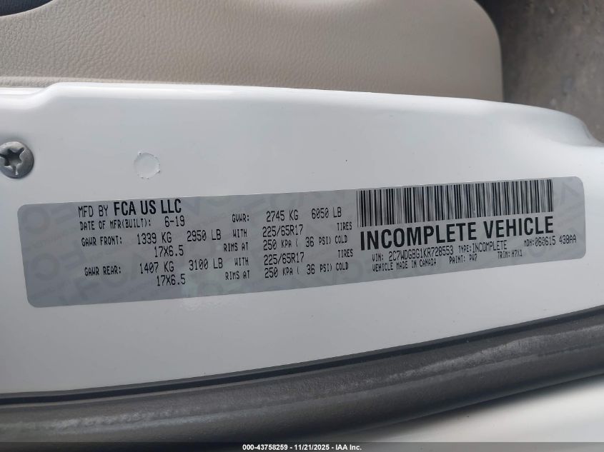 2019 Dodge Grand Caravan Se VIN: 2C7WDGBG1KR728553 Lot: 43758259