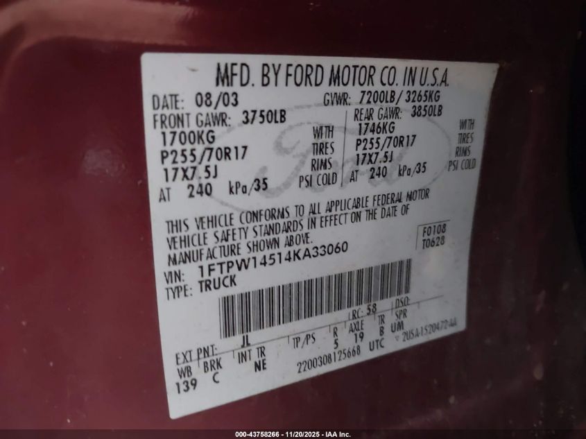 2004 Ford F-150 Fx4/Lariat/Xlt VIN: 1FTPW14514KA33060 Lot: 43758266