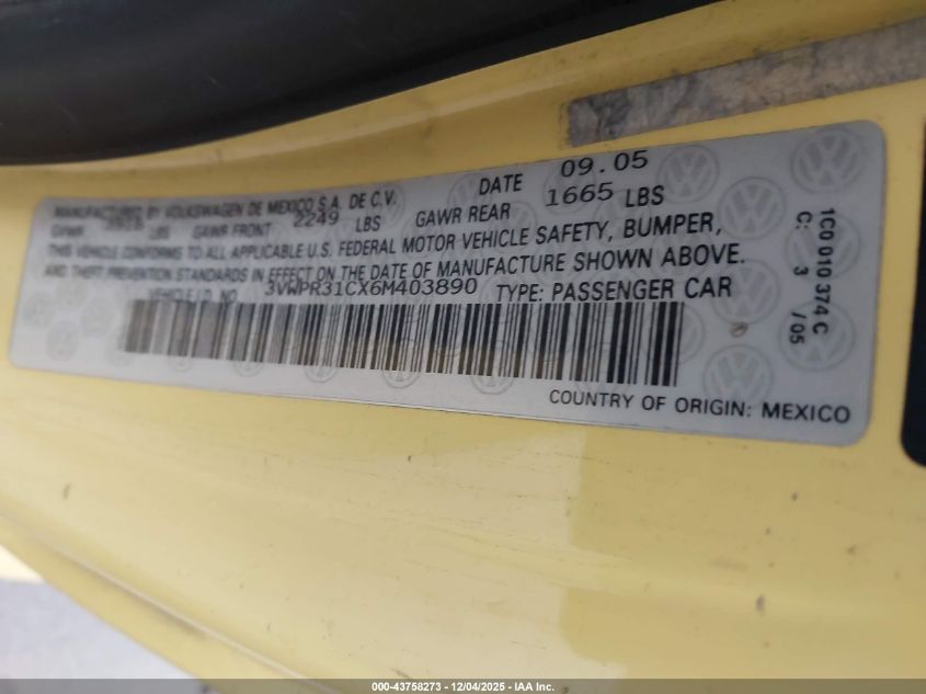 2006 Volkswagen New Beetle Tdi VIN: 3VWPR31CX6M403890 Lot: 43758273