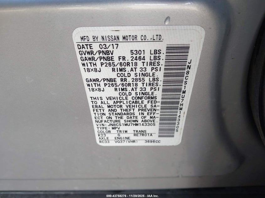 2017 Infiniti Qx70 VIN: JN8CS1MU7HM143305 Lot: 43758276