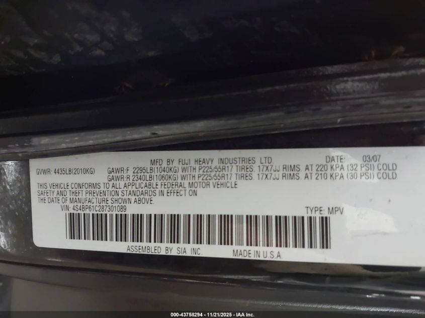 2008 Subaru Outback 2.5I/2.5I L.l. Bean Edition VIN: 4S4BP61C287301089 Lot: 43758294