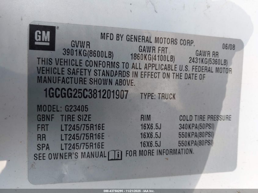 2008 Chevrolet Express Work Van VIN: 1GCGG25C381201907 Lot: 43758295