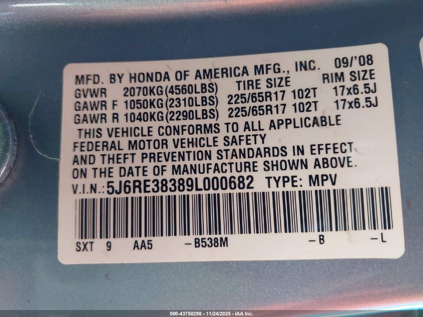 2009 Honda Cr-V Lx VIN: 5J6RE38389L000682 Lot: 43758298