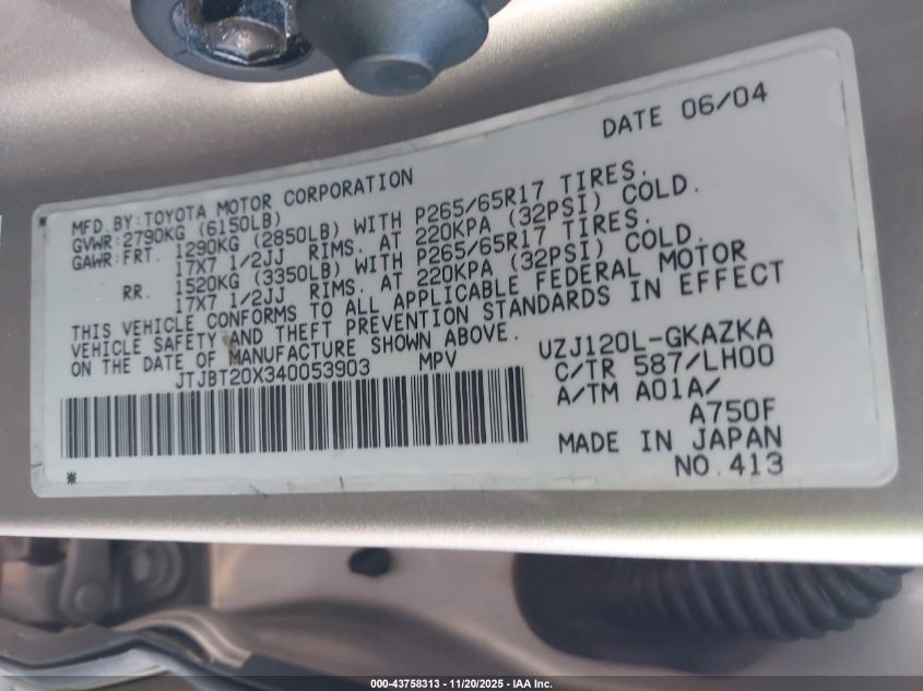 2004 Lexus Gx 470 VIN: JTJBT20X340053903 Lot: 43758313