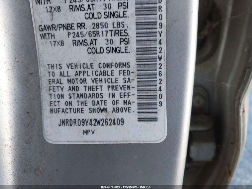 2002 Infiniti Qx4 Luxury VIN: JNRDR09Y42W262409 Lot: 43758319