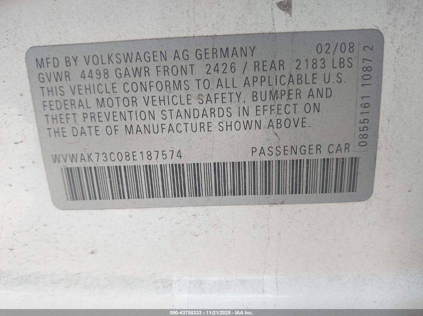 2008 Volkswagen Passat Komfort VIN: WVWAK73C08E187574 Lot: 43758333