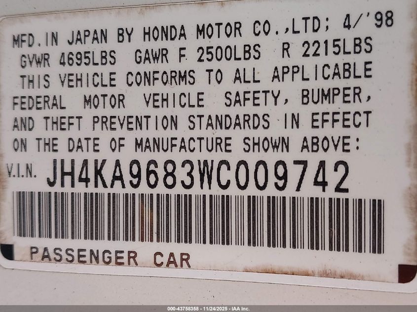 1998 Acura Rl 3.5 VIN: JH4KA9683WC009742 Lot: 43758358