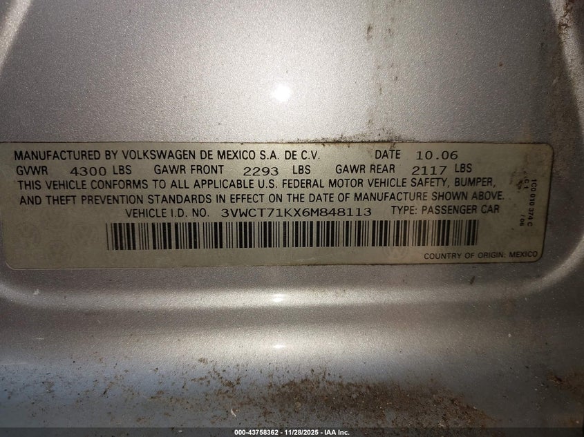2006 Volkswagen Jetta Diesel VIN: 3VWCT71KX6M848113 Lot: 43758362