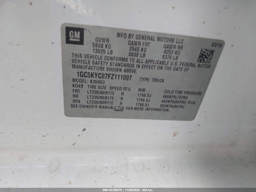 2015 Chevrolet Silverado 3500Hd Wt VIN: 1GC5KYC87FZ111097 Lot: 43758370