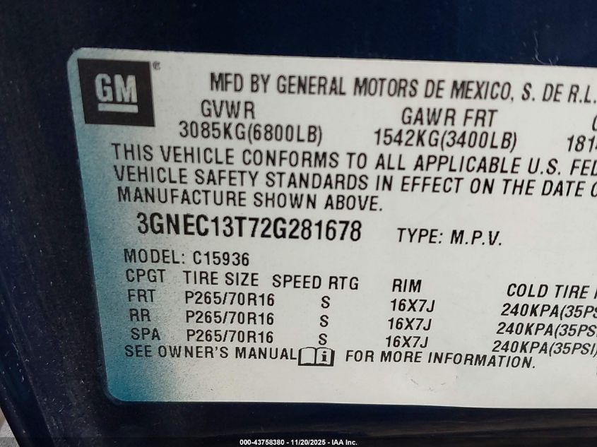 2002 Chevrolet Avalanche 1500 VIN: 3GNEC13T72G281678 Lot: 43758380
