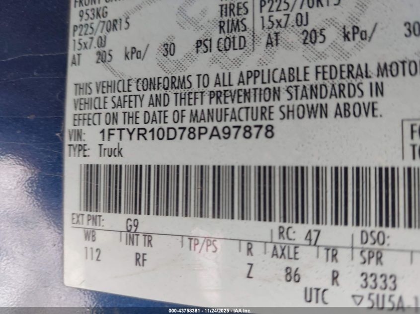 2008 Ford Ranger Xl/Xlt VIN: 1FTYR10D78PA97878 Lot: 43758381