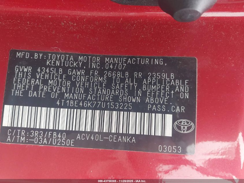 2007 Toyota Camry Le VIN: 4T1BE46K77U153225 Lot: 43758385