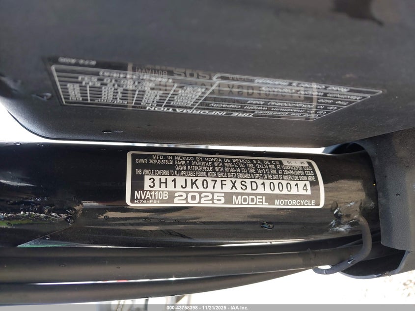2025 Honda Nva110 B VIN: 3H1JK07FXSD100014 Lot: 43758398