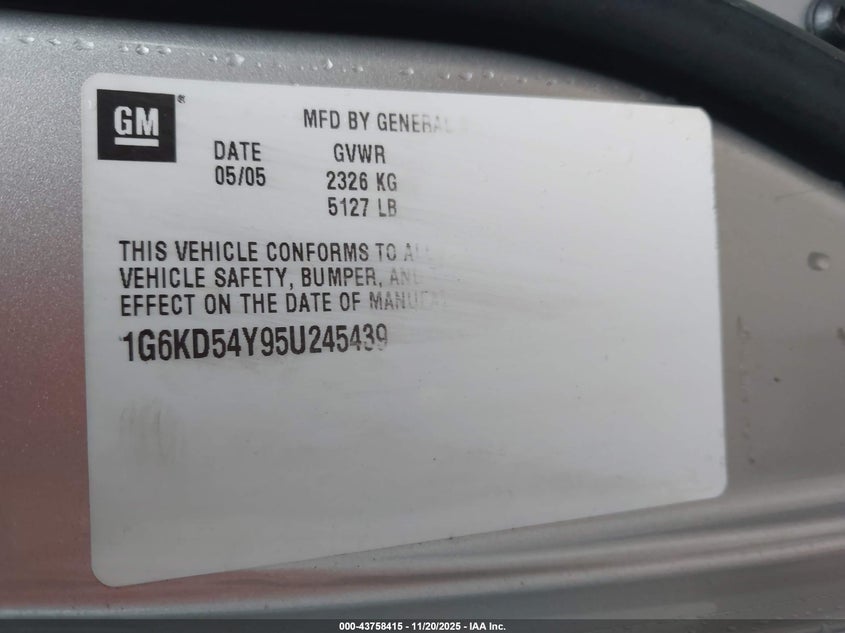 2005 Cadillac Deville Livery VIN: 1G6KD54Y95U245439 Lot: 43758415
