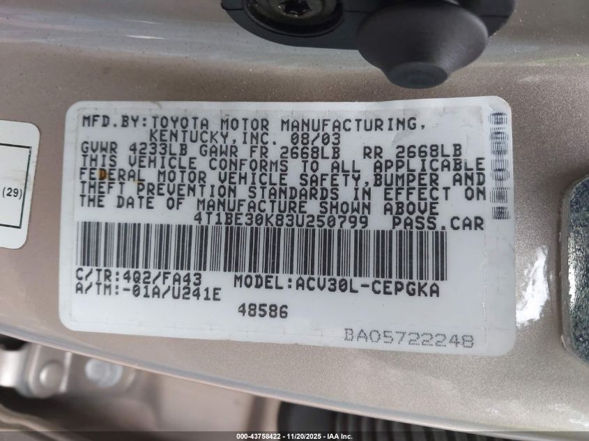 2003 Toyota Camry Xle VIN: 4T1BE30K83U250799 Lot: 43758422