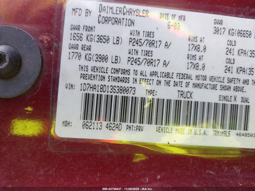 2003 Dodge Ram 1500 Slt/Laramie/St VIN: 1D7HA18D13S380073 Lot: 43758437