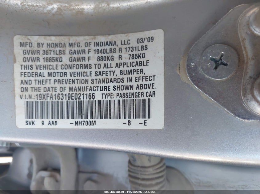 2009 Honda Civic Vp VIN: 19XFA16319E021166 Lot: 43758439
