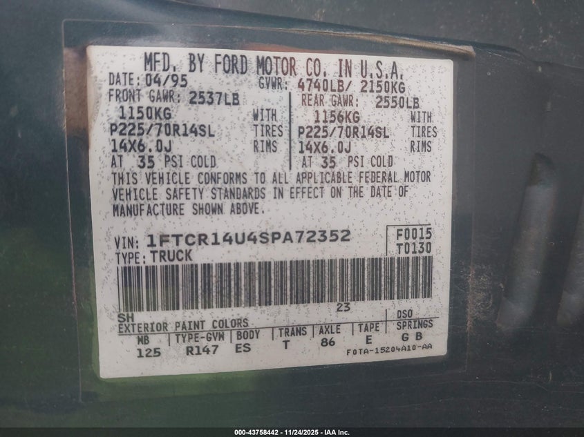 1995 Ford Ranger Super Cab VIN: 1FTCR14U4SPA72352 Lot: 43758442