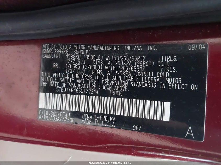 2005 Toyota Tundra Limited V8 VIN: 5TBDT48165S472214 Lot: 43758454