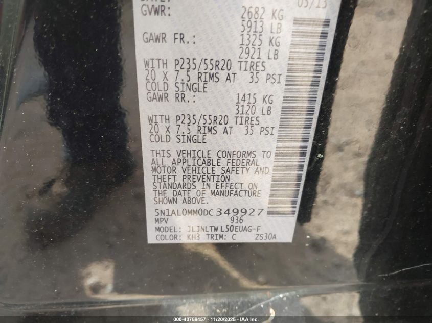 2013 Infiniti Jx35 VIN: 5N1AL0MM0DC349927 Lot: 43758457