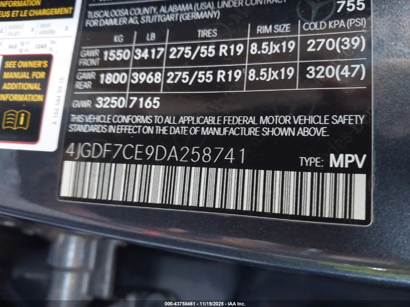 2013 Mercedes-Benz Gl 450 4Matic VIN: 4JGDF7CE9DA258741 Lot: 43758461