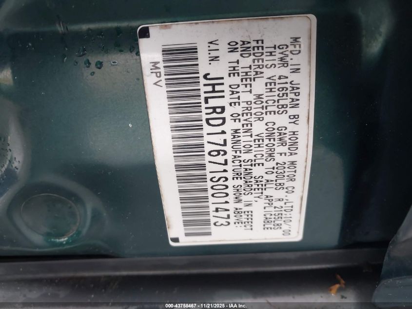 2001 Honda Cr-V Ex VIN: JHLRD17671S001473 Lot: 43758467