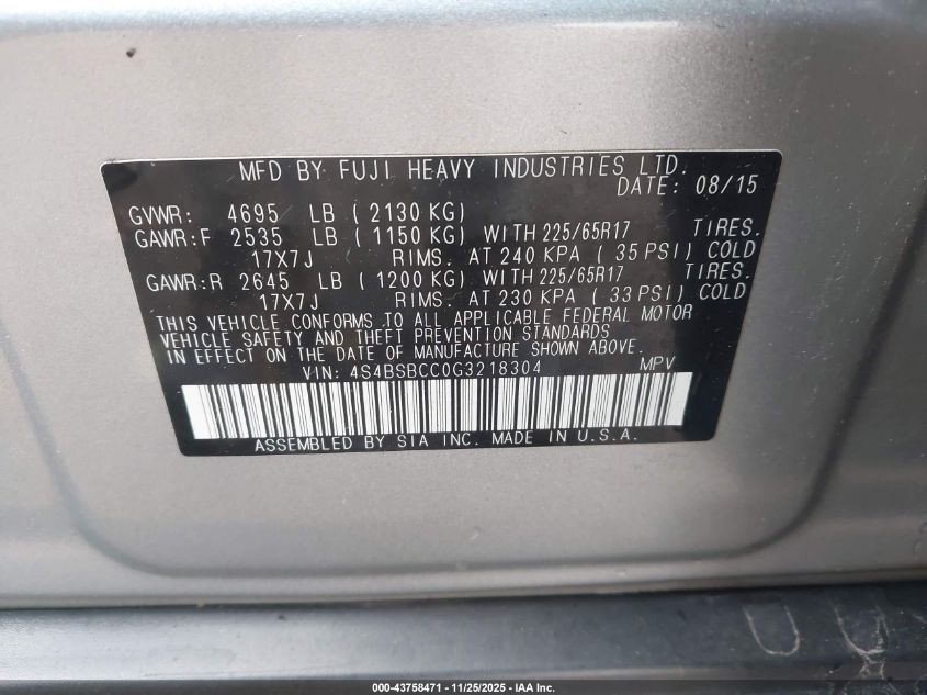 2016 Subaru Outback 2.5I Premium VIN: 4S4BSBCC0G3218304 Lot: 43758471