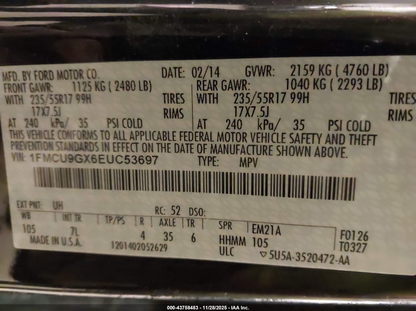 2014 Ford Escape Se VIN: 1FMCU9GX6EUC53697 Lot: 43758483