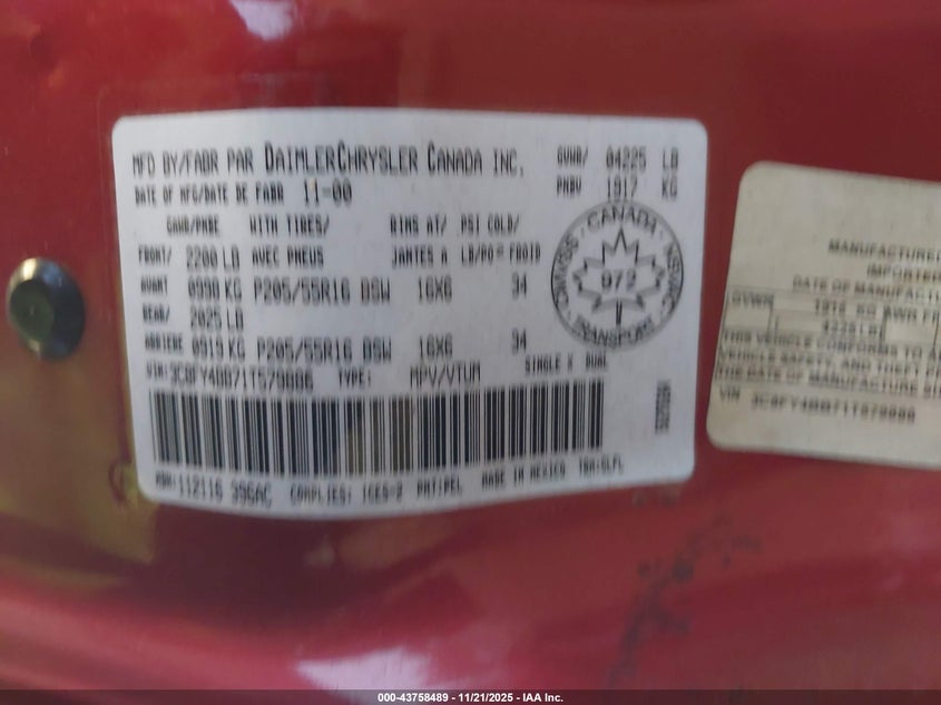 2001 Chrysler Pt Cruiser VIN: 3C8FY4BB71T579886 Lot: 43758489