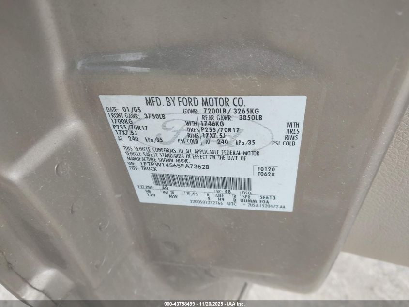 2005 Ford F-150 Fx4/Lariat/Xlt VIN: 1FTPW14565FA73628 Lot: 43758499