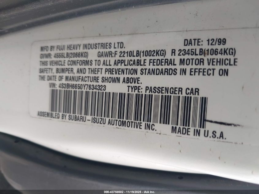 2000 Subaru Outback VIN: 4S3BH6650Y7634323 Lot: 43758502
