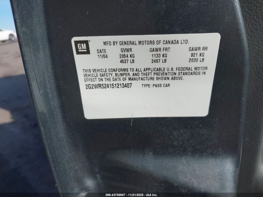 2005 Pontiac Grand Prix Gtp VIN: 2G2WR524151213407 Lot: 43758507