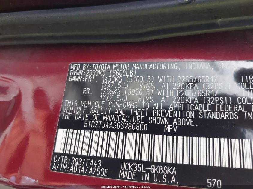 2006 Toyota Sequoia Sr5 V8 VIN: 5TDZT34A36S280800 Lot: 43758519