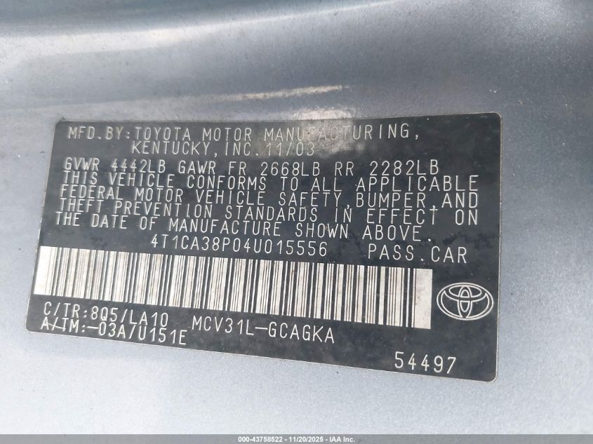 2004 Toyota Camry Solara Sle V6 VIN: 4T1CA38P04U015556 Lot: 43758522