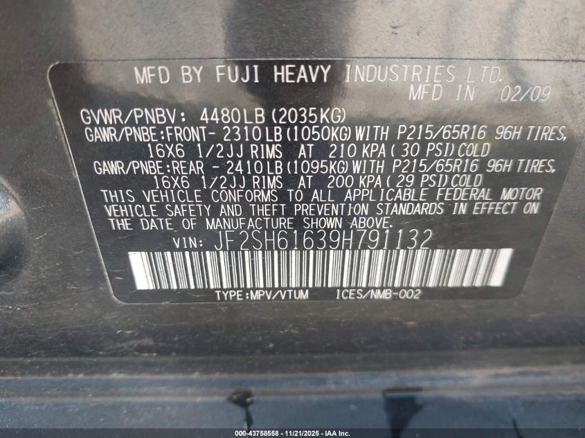 2009 Subaru Forester 2.5X VIN: JF2SH61639H791132 Lot: 43758558