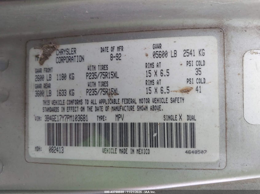 1993 Dodge Ramcharger Ad-150 VIN: 3B4GE17Y7PM103681 Lot: 43758559